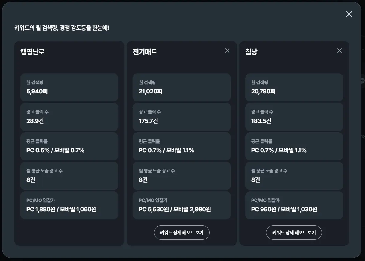 셀링부스터 키워드 비교 화면