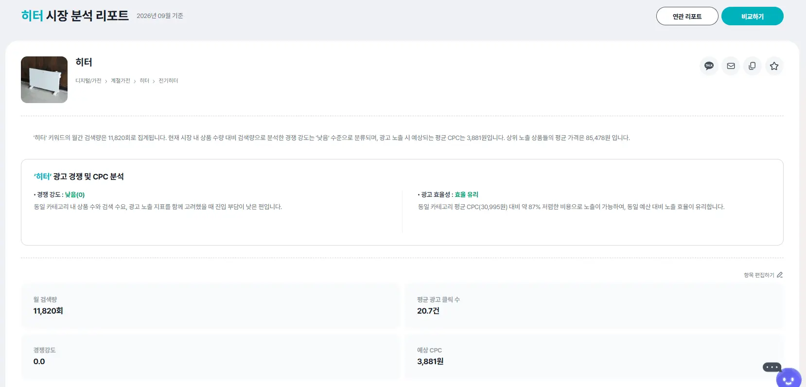 셀링부스터 히터 키워드 시장 분석 리포트 화면