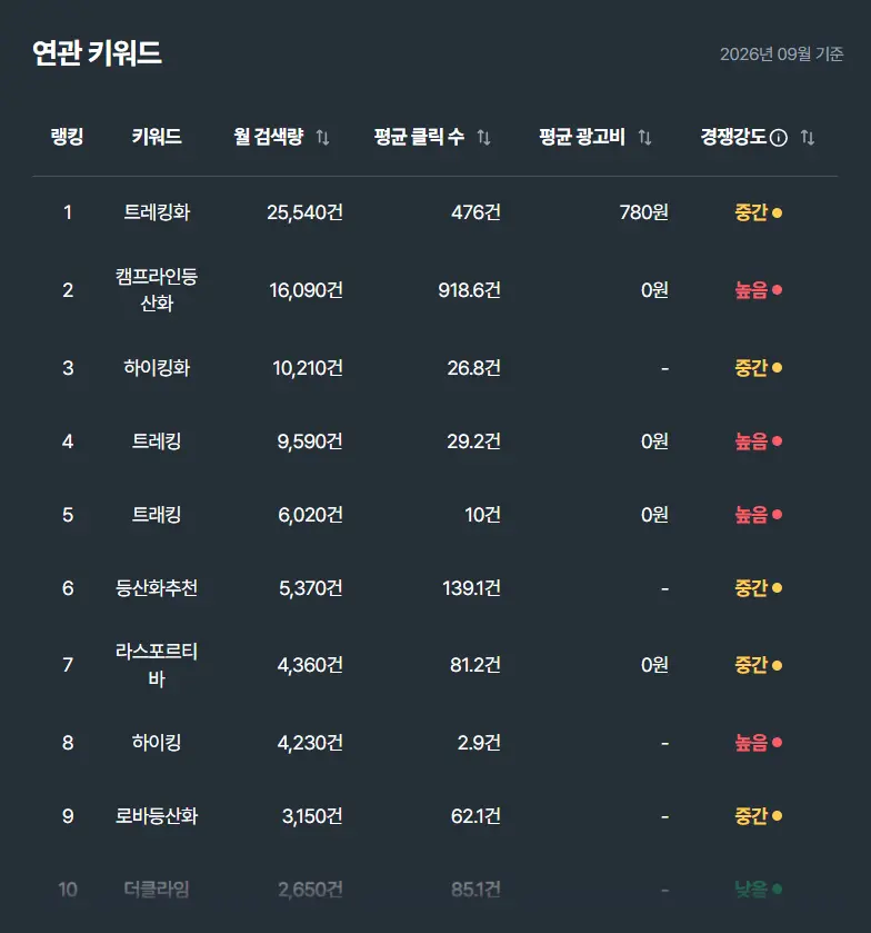 셀링부스터 연관 키워드 분석 화면